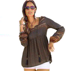 LASCANA Women's Long Sleeve Boho Print Top Abstract Navy Multi 14