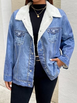 SHEIN Essnce Plus Size Women's Autumn And Winter Fashion Casual Comfortable Plus Velvet Blue Fake Denim Print Warm Jacket,Fleece Jacket,Winter Curve Outfits,Fuzzy Coats