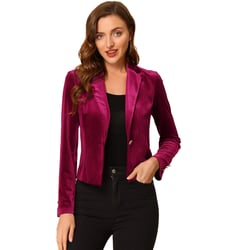 INSPIRE CHIC Women's 1 Button Lapel Collar Business Office Crop Suit Velvet Blazer Burgundy X-Large