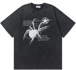 Men T-Shirt Streetwear Hip Hop Oversized Y2k Washed Black Spider Graphic Harajuku Gothic Vintage Cotton Tops Tees Loose X-Large Black