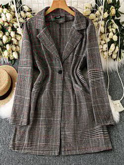 SHEIN LUNE Plus Size Women Plaid Long Sleeve Woolen Coat, Fashion Jacket For Autumn/Winter