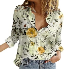 Generic Women's Shirts Floral Print Button Down Shirt Lightweight Long Sleeve Blouse Spring V Neck T Shirts Tunics 1-beige 6X-Large