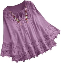 Womens Cotton Linen Embroidered Tops Loose Tunic Shirts 3/4 Long Sleeve Fall Lace Blouse Boho Peasant Trendy Clothes Large Purple_women's Fall Linen Tunic Shirt