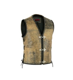Men Brown Distressed Leather Fish Hook Buckle Side Lace Motorcycle Vest Biker SBV-001
