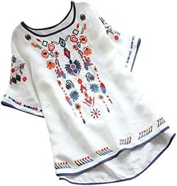 3/4 Length Sleeve Womens Tops Cotton Linen Tops Round Neck Embroidered Short Sleeve T-Shirts Peasant Boho Mexican Fashion White X-Large