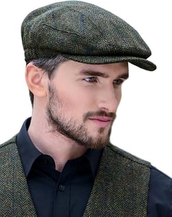 Mucros Weavers Kerry Cap, Irish Hat for Men, Herringbone Wool Large Green Herringbone