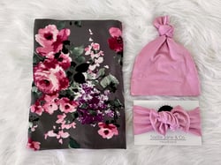 Baby swaddle set, “Sienna” Gray and Pink Floral, Pink Baby Hat, headband, baby blanket , hospital baby set, baby gift, stretchy swaddle