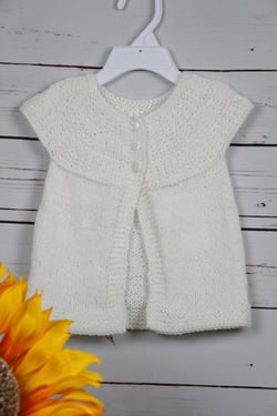 White baby sweater, handknit baptismal clothing, short sleeve baby knits, unisex baby cardigan sweater
