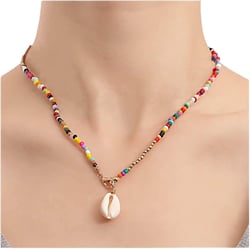 Boho Layered seed Bead Necklace Rainbow Beaded Choker Necklace Beach Shell Pendant Necklace sea shell necklace colorful rice bead necklace Jewelry for Women