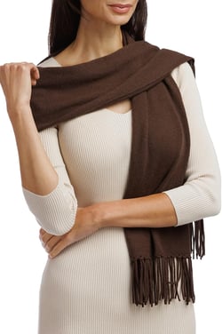 Fishers Finery Women's 100% Pure Cashmere Knit Scarf with Fringe Detail; with Black Label Box Brown