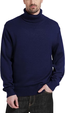 Kallspin Men's Turtleneck Sweaters Wool Blend Mid-Weight Highneck Pullover Sweaters Medium Navy Blue