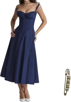 Midi Dresses for Women Tea Party Vacation Going Out Corset Flowy Cute A Line Casual Formal Long Satin Dress X-Large Navy Blue