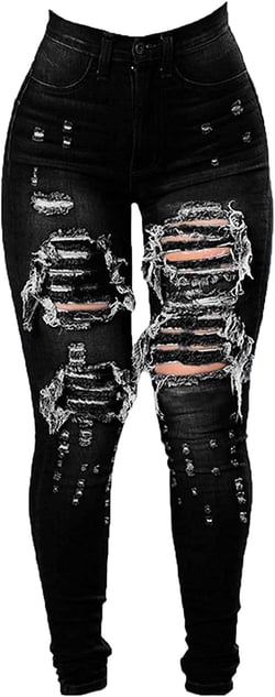 JEKE-DG Women's Ripped Hole High Waist Denim Skinny Destroyed Ankle Jeans Butt Lifting Stretch Distressed Trousers XX-Large Black