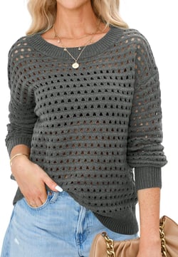 Langwyqu Womens Oversized Crochet Sweaters Trendy Sexy Knit Cotton Crew Neck Long Sleeve Hollow Out Pullover Cover Ups Medium Grey