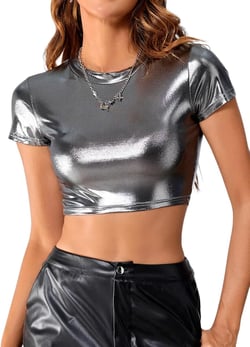 SOLY HUX Women's Y2k Metallic Tee Mock Neck Short Sleeve Crop Tops T Shirt Medium Solid Silver