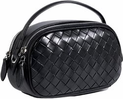 Woven Crossbody Bags for Women Genuine Leather Satchel Handbag with Top Handle Small Shoulder Tote Bag Black