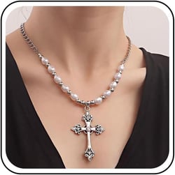 Gothic Cz Cross Pendant Necklace Punk Pearl Choker Necklace Religion Large Cross Necklace Choker Silver Curb Chain Necklace Jewelry for Women