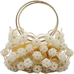 Women Handmade Pearl Evening Handbag Bride Purse Elegant Flower Beaded Clutch Bag for Party Wedding Banquet Prom Ivory