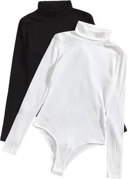 Floerns Women's 2 Piece Turtleneck Long Sleeve Ribbed Knit Bodysuit T Shirt Tops Medium Black and White