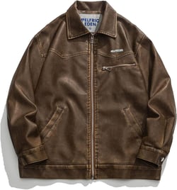Aelfric Eden Mens Leather Jacket Vintage Oversized Brown Leather Jacket Unisex Casual Zip-Up Motorcycle Jacket with Pockets