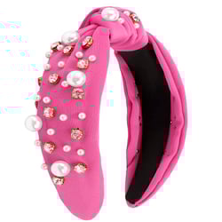 Knotted Headband Women Pearl Rhinestone Headband Wide Top Knot Hairband Embellished Jeweled Beaded Crystal Diamond Bling Sparkly Fashion Hair Accessories Hot Pink Headband