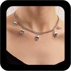 Gothic Skull head Necklace Silver Skull Pendant Necklace Punk Skull Face Necklace Dangle Skull Skeleton Choker Necklace Jewelry for Women