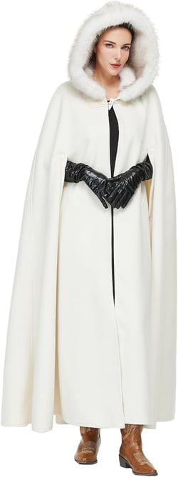 Women Renaissance Cloak Medieval Cape with Faux Fur Hooded for Halloween Cosplay White-140cm (Contains 50% Wool)