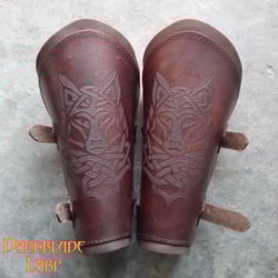 Leather Vambraces, Wolf Head Engraved, Waxed Bracers, Arm Guards for Costume LARP and Cosplay
