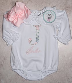 Long Sleeve Girl coming home outfit, Floral Embroidery Bubble, Light Pink Bow/Headband, Monogrammed Romper, Pima Cotton, Personalized