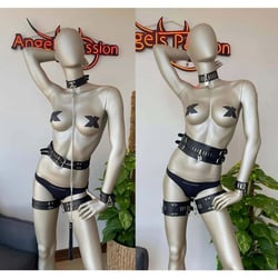 Women BDSM Restrain Set, Leather Cuff-Choker-Waist and Thigh Harness, Wrist Cuffs, Bondage Handcuffs, Black Leather Bondage, Thigh Harness