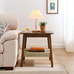 Motent Mid-Century Side Table with Woven Shelf, Boho Side Table with Storage, Bedside Tables, Small Side Table for Living Room Couch Bedroom Patio Home Office