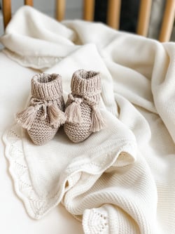 Baby Knitted Booties | Baby Booties Pom Poms | Booties 0-3 months | GOTS Organic | Newborn Socks | Beige Oat Booties | Unisex Booties Shoes