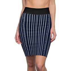 Women&#39;s Pencil Skirt (AOP),, with Various Stylish Navy Blue with White Vertical Stripes