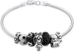 Black & White Cheerleader Soccer Mom Multi-Charm Bracelet for Women & Teens .925 Sterling Silver European Style Bead 7 & 8 Inch Sizes 7.0 Inches