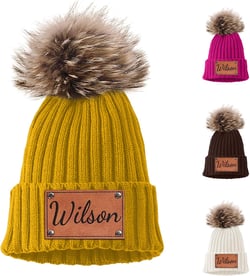 Custom Name Baby Beanies Grey Hats for Boys Girls - Personalized Leather Patch Beanies with Pompom for Kids Adults Yellow