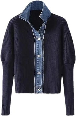 Women's Casual Patchwork Knitted Sweater Cardigan Jacket Lapel Button Vingtage Denim Knit Coat Large Navy