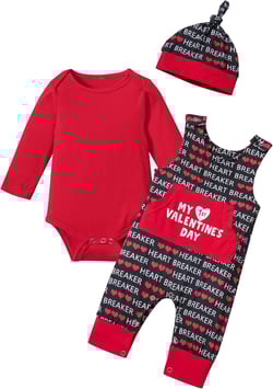 DONWEN Baby Boy Valentines Day Outfit My First Valentines Day Cotton Romper + Heart Print Overall + Hat 3pcs Outfit Set 0-3 Months Red