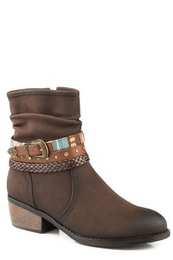 Roper Womens Fashion Shorty Boot Burnished Brown Faux Leather With Belt And Two Bands