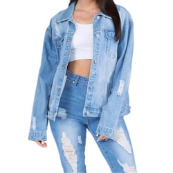 Women's Full Size Painted Back Distressed Denim Jacket - American Bazi S