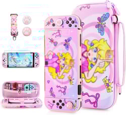 FUNDIARY Pink Carrying Case for Nintendo Switch OLED with Princess Peach Design, Cute Anime Girl Bundle with Storage Travel Bag, Hard PC Protective Case, Shoulder Strap, Screen Protector & 2 Thumb Cap Kawaii