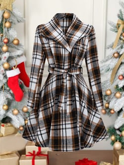 SHEIN Clasi Plus Size Women Waisted Woolen Plaid Pattern Jacket