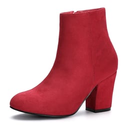 Allegra K Women's Round Toe Side Zip Chunky Heel Ankle Boots Red 9