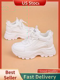 1pair Women's Comfortable Wedge Heel Platform Sneakers, Fashionable Chunky Sneakers, White, 8 Inches Heightening, Casual Shoes
