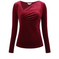 Hobemty Women's Slim Fitted Asymmetrical Neck Casual Long Sleeve Velvet Blouse Wine Red X-Large