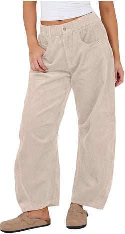 Corduroy Pants for Women Elastic High Waisted Casual Straight Leg Pants Loose Fit Baggy Capri Trousers with Pockets Beige Medium