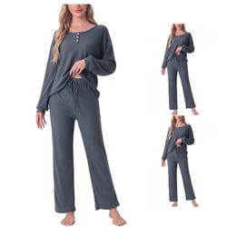 cheibear Women's Waffle Knit Lounge Long Sleeve Crew Neck Soft Pajama Set 3 Packs Dark Gray X-Large