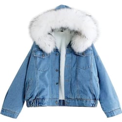 Velvet Thick Denim Jacket Female Winter Big Fur Collar Locomotive Lamb Coat Female Student Short Coat, Size: XXL(White)