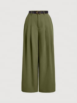 SHEIN MOD Khaki Color Plus Size Women Vintage Wide Leg Pants With Belt