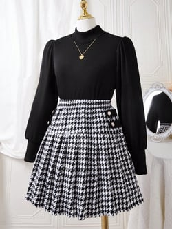 Tween Girls Casual High-Neck Black Long Sleeve Top And Simple Houndstooth Pleated Mini Skirt 2-Piece Set, Autumn/Winter
