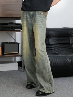 Manfinity Joysei Men's Distressed Flared Jeans Baggy Long Acid Wash Dark Jean Cargo Plain Light Green Going Out Hip Hop Rapper